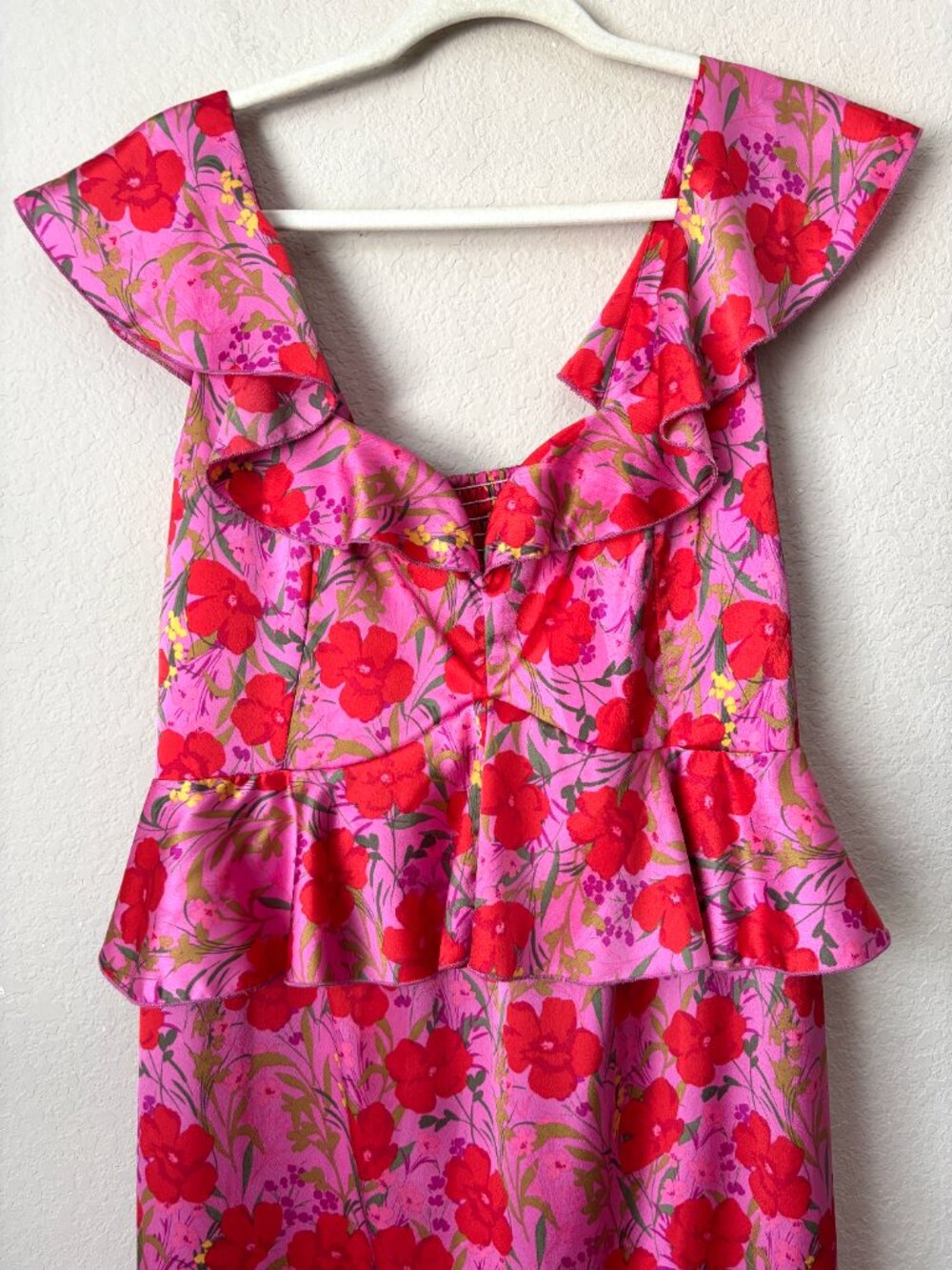 Show Me Your MuMu Pink + Red Floral Ruffle Midi Dress - Picture 4 of 12